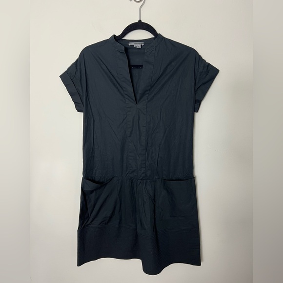 Vince Cotton Black Shift Dress Split Neck Roll Short Sleeve Size XS 1078 - Picture 2 of 9